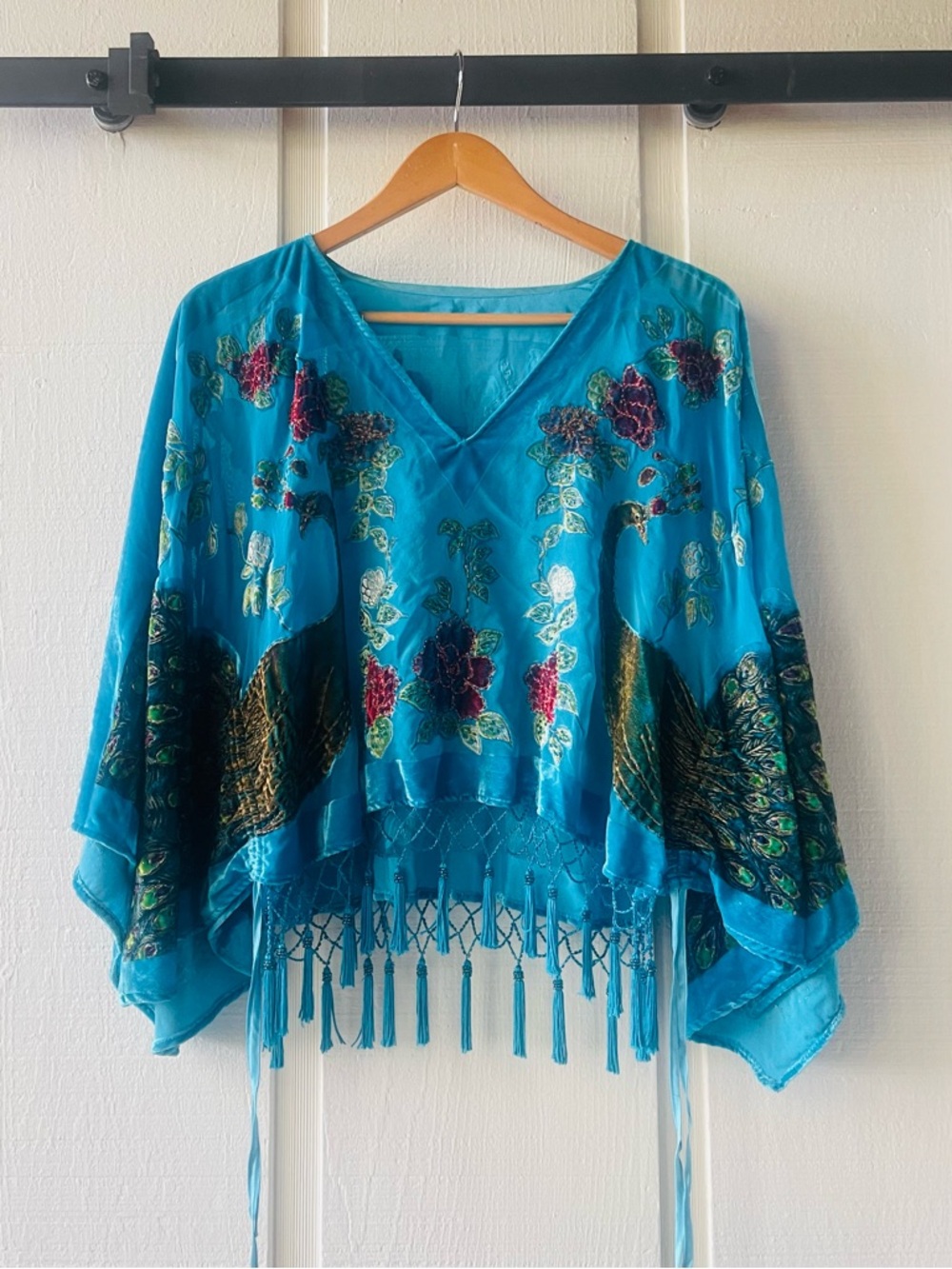 Boho Velvet Burnout Embroidered Peacock Fringe Top - Turquoise